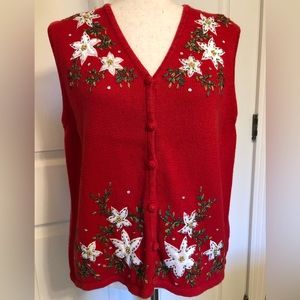 DESIGNERS ORIGINALS Studio Christmas Sweater Vest Women Poinsettias Button Sz XL